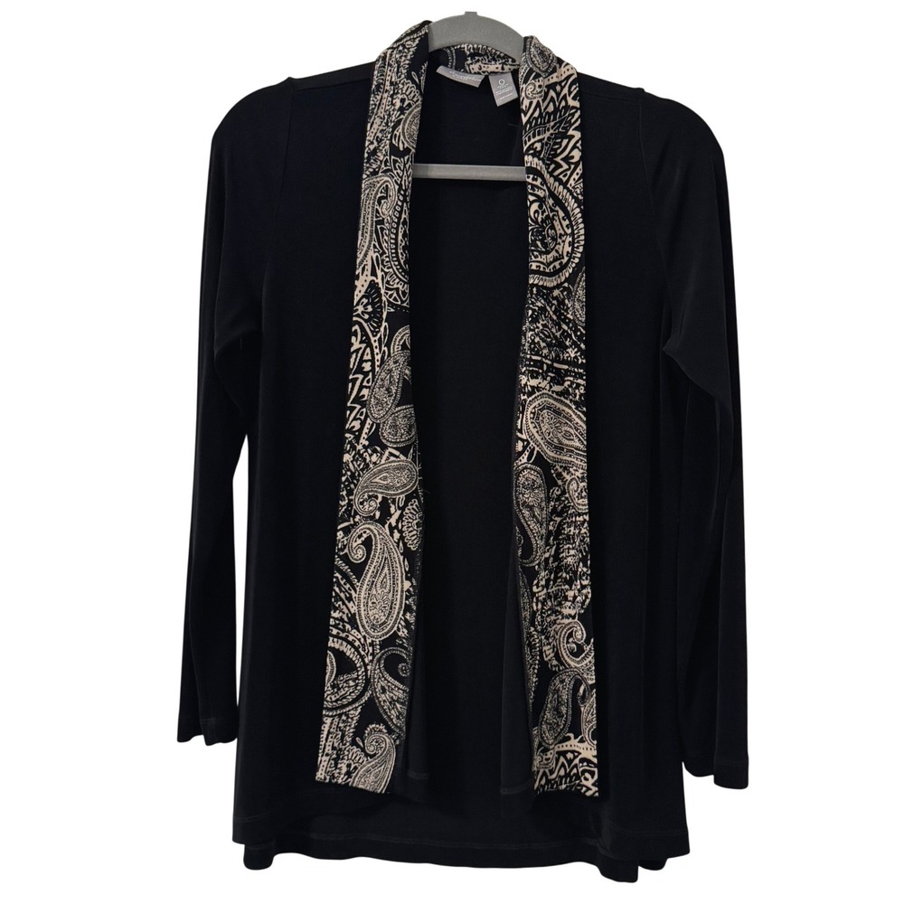 Chicos Travelers Paisley Trim Open Front Cardigan Sz 0 S Black Slinky Stretch